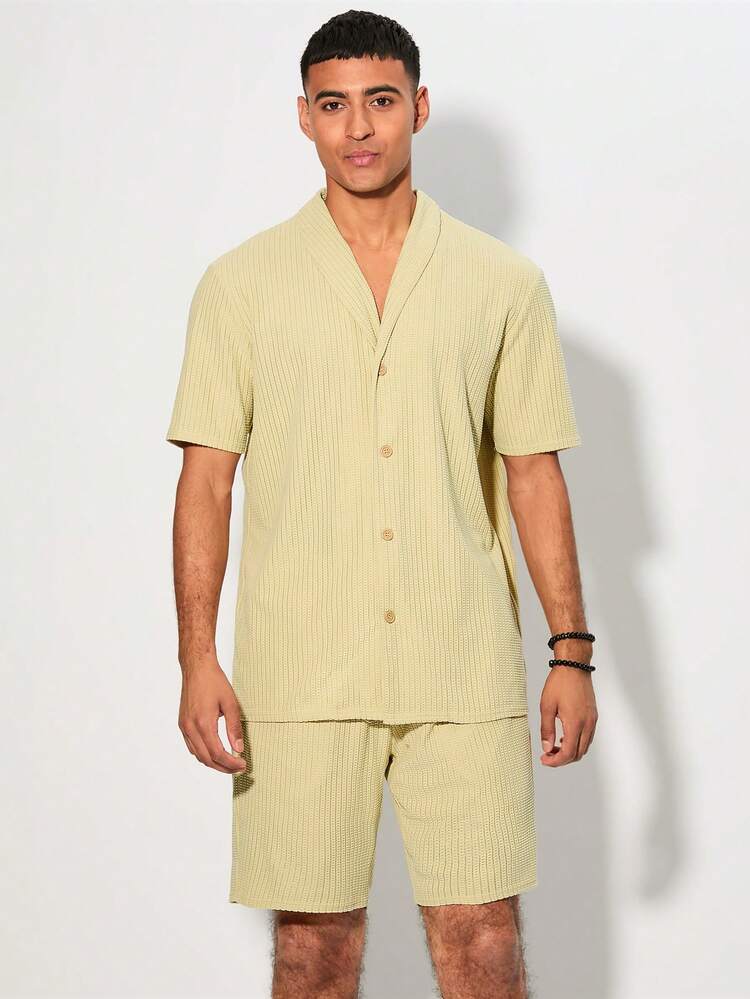 Men's Woven Jacquard Knit Shirt And Shorts Two-Piece Set In Khaki