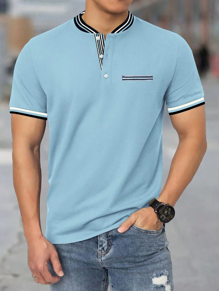 SHEIN Manfinity Homme 時尚男士短袖polo衫，帶有彩色邊緣