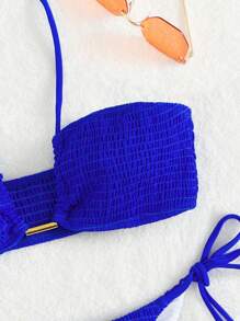 SHEIN Swim Vacation Beach & Pool Solid Color Halter Neck Two-Piece Bikini Set,Summer Beach - Royal Blue - View 4