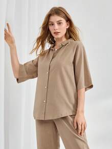 Ocili Leisure Ladies' Solid Color Single-Breasted 3/4 Sleeve Sleepwear Top - Khaki - View 6