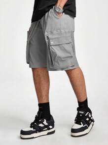 Manfinity NXTstreet Men Solid Color Drawstring Waist Shorts With Pockets For Summer Leisure - Dark Grey - View 1