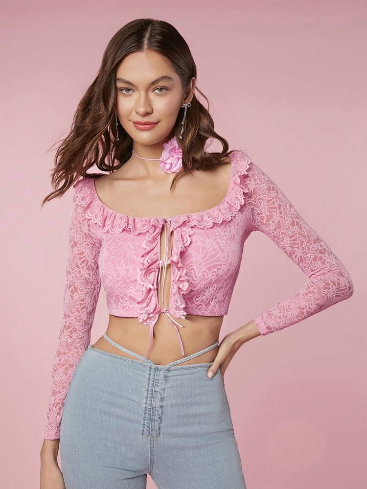 Women Summer Spring Bow Hollow Out Ruffle Edge Fashionable Vacation Matching Long Sleeve Romantic Cute Pink Lace Top