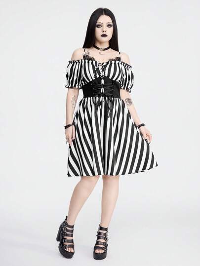 Goth Black And White Striped Off Shoulder Patchwork Waistband Slim Fit Women Dress, 2 Pieces Style