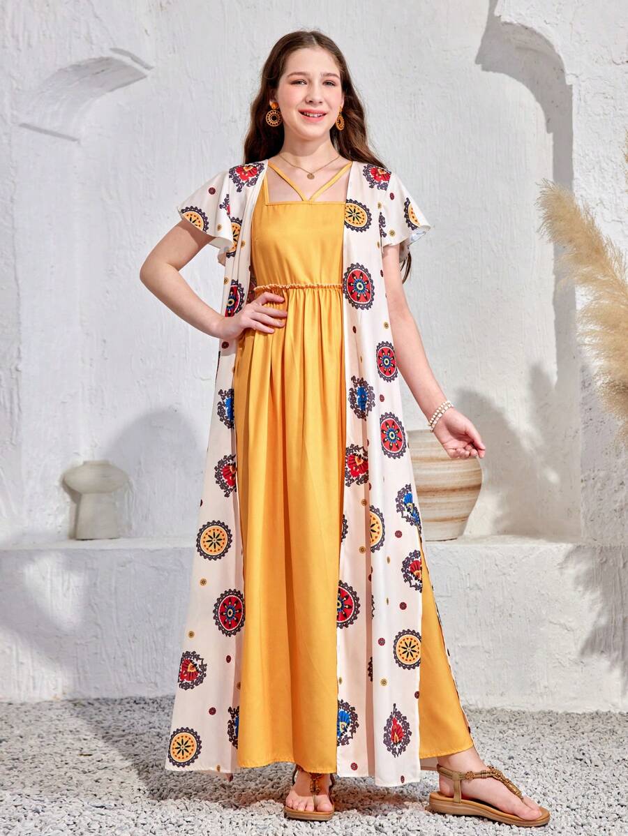 SHEIN Bộ đầm hở lưng in hình cô gái tuổi teen và có thắt lưng - Nhiều màu - Xem 1