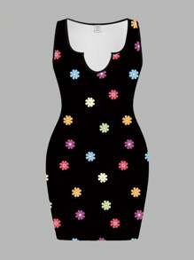 Slaydiva Plus Size Women Sexy Casual Sleeveless V-Neck Floral Printed Dress, Summer