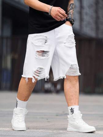 Manfinity Roughcore Pantaloni scurți din denim rupți, de culoare solidă, casual pentru bărbați, de vară