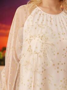 Aveloria Women Star Print Mesh Splice 3D Floral Decor Long Sleeve Loose Dress