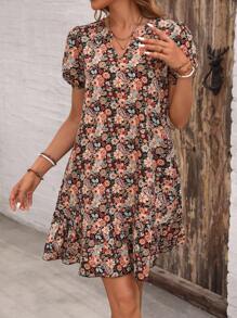 EMERY ROSE Vestido estampado floral de verano con cuello de muesca, dobladillo con volantes y mangas cortas