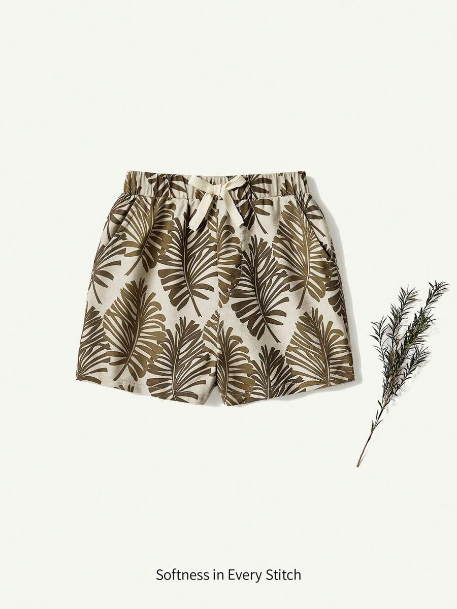 Cozy Pixies Baby Boy Elastic Waist Decorative Woven Tape Casual Shorts With Plant And Flower Patterns - Apricot - View 1
