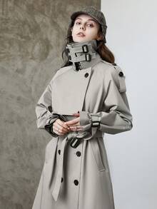Spring/Autumn Casual Solid Color Double-Breasted Long Trench Coat Jacket
