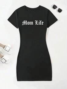 Fashionable Versatile Casual Letter Print Slim Fit Mini Dress