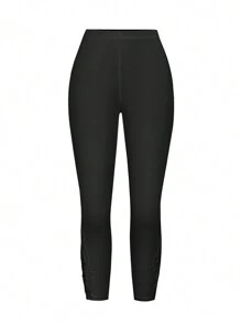 SHEIN LUNE Solid Color Lace Trim Floral Print Bottoming Pants