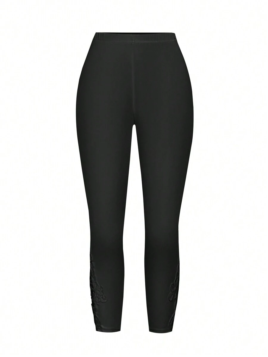 SHEIN LUNE Solid Color Lace Trim Floral Print Bottoming Pants