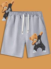 Summer New Men Vintage Bear Cool Printed Casual Shorts, Elastic Waistband Drawstring Shorts For Traveling, Camping Or Outdoor Activities