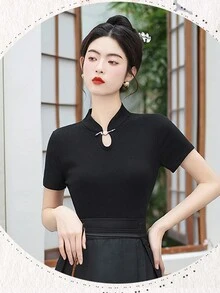 2024 New Summer Short Sleeve Knitted Top In New Chinese Style - Black - View 8