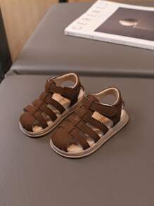 1pair Brown Unisex Hook And Loop Closure Anti-Slip Sandals For Infant Walking Practice And Daily Wear, Summer