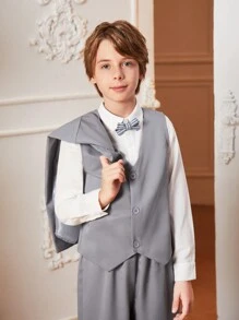 Bộ áo khoác và quần Tween Boy màu trơn, phong cách quý ông - Màu xám đen - Xem 4