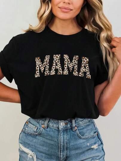 INAWLY Leopard Pattern And Letter Print Short Sleeve Round Neck T-Shirt, Perfect For Mother's Day Casual Wear Graphic Cheetah Print Tees Women Tops