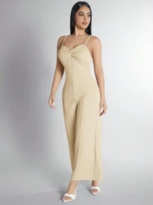SHEIN PETITE Bộ đồ liền thân không tay thiết kế dây mảnh xoắn màu trơn cho nữ mùa hè - Màu be - Xem 4