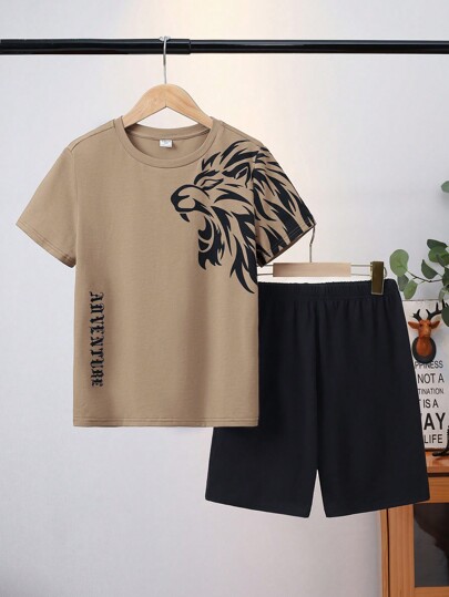 SHEIN Conjunto suelto y casual de 2 piezas para niño preadolescente con camiseta de león y shorts, atuendo cómodo de punto para el hogar para el verano