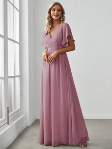 Fall Winter Butterfly Sleeve Fold Pleated Chiffon Dusty Pink Bridesmaid Dress Elegant Dress Wedding Guest Dress For Wedding Fall Semi Formal Dress