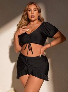 SHEIN Swim Curve Plus Size Solid Color Beach Swimwear Set Including Three Pieces: Bikini Set, Beach Skirt And Cover Up,Summer Beach - Black - View 3