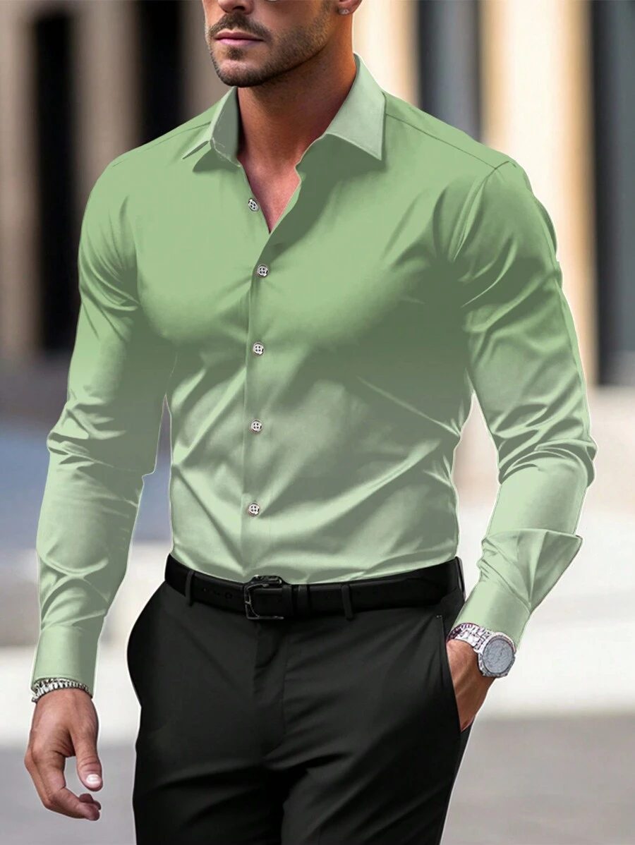 Manfinity Mode Camisa casual de manga larga con degradado para hombre, primavera y otoño. Camisa de vestir verde para hombre. Camisa de vestir verde claro para hombre. Camisa verde claro para hombre. Camisa de vestir de seda verde para hombre. - verde menta - Ver 1