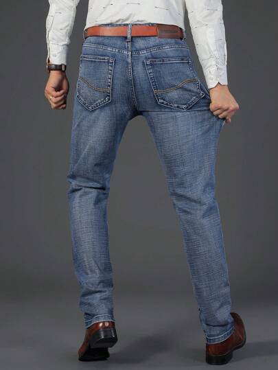 Calça Denim Masculina Slim Fit Estilosa e Elástica para uso diário e de negócios, Lavada