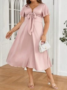 SHEIN Privé Plus Size Summer Elegant Front Tie Bowknot Waist Cinched Dress - Apricot - View 5