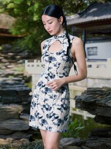 EastFlair 女裝新中式旗袍/Qipao，空心花紋無袖連衣裙和鈕扣 - 藏蓝色 - 查看 5
