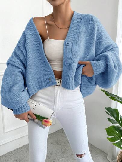 EURMUSE PLUS Size Solidny sweter kardigan z dekoltem w serek i rękawami typu latarnia