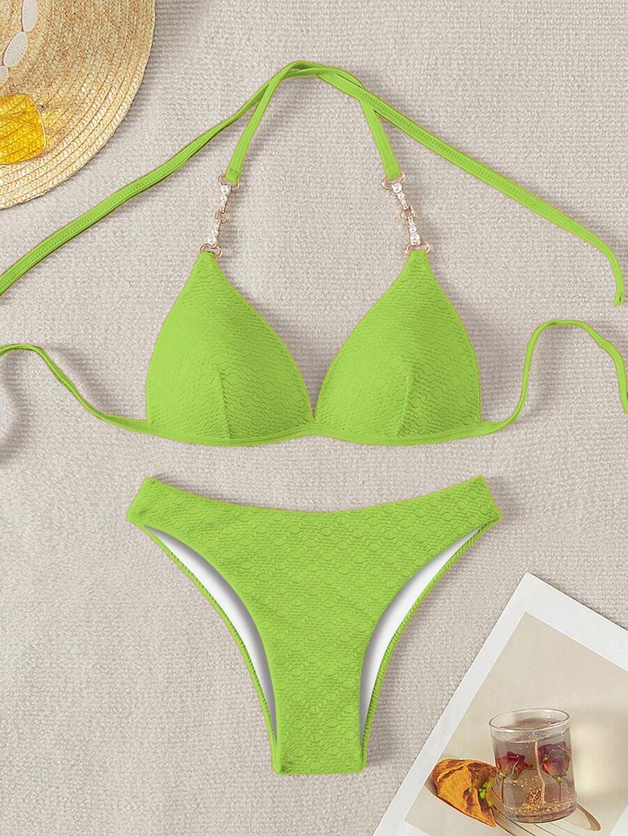 SHEIN Swim Bộ bikini đi biển mùa hè có họa tiết trang trí ngọc trai giả dành cho nữ - màu xanh lá - Xem 1