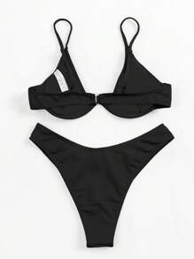 SHEIN Swim Bộ Bikini hai mảnh có gọng màu trơn, thích hợp cho kỳ nghỉ ở bãi biển, bãi biển mùa hè - màu đen - Xem 2