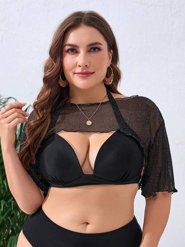 Swim Lushoire Summer Beach Plus Size Solid Lettuce Trim See-Through Cover Up Top, Perfect For Holiday And Pool Party