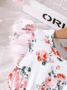 SHEIN Glamorique Kids 女小童印花荷葉邊網紗覆蓋繫腰帶洋裝 - 粉色 - 查看 5
