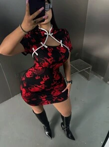 Flirla Vestido de verano con mangas cortas y estampado de dragón de bloques de color para mujer de talla grande