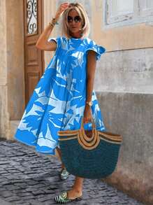 EMERY ROSE 女士假日植物印花寬鬆休閒短袖圓領連衣裙