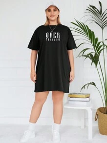 EURMUSE Plus Letter Graphic Drop Shoulder Tee Dress - Black - View 3