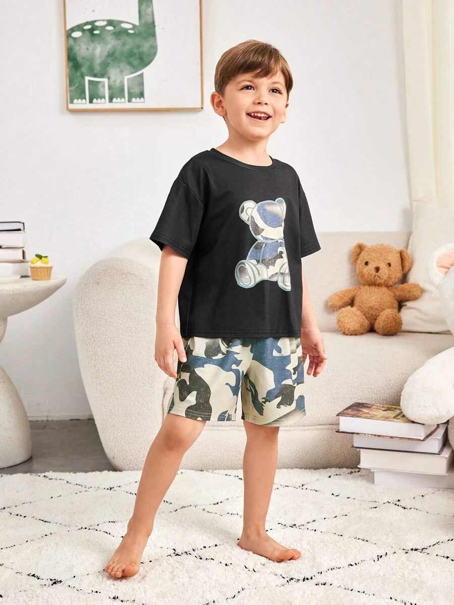 SHEIN Young Boy Cartoon Bear Pattern Loose Fit Casual Home Wear 2pcs/Set - Black - View 1