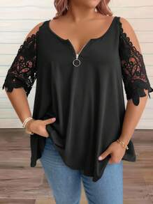 Celure T-shirt d"été grande taille à col rond large en dentelle unie
