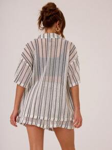 MUSERA Chemise à manches courtes surdimensionnée à rayures texturées, idéale pour les vacances, le printemps et l'été - Noir et Blanc - Voir 2