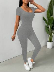 SHEIN Essnce 女士實色修身連體褲，日常穿著 - 淺灰色 - 查看 6
