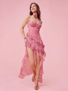 Enchnt 女性甜美夏日花卉印花荷葉邊高衩細肩帶連衣裙