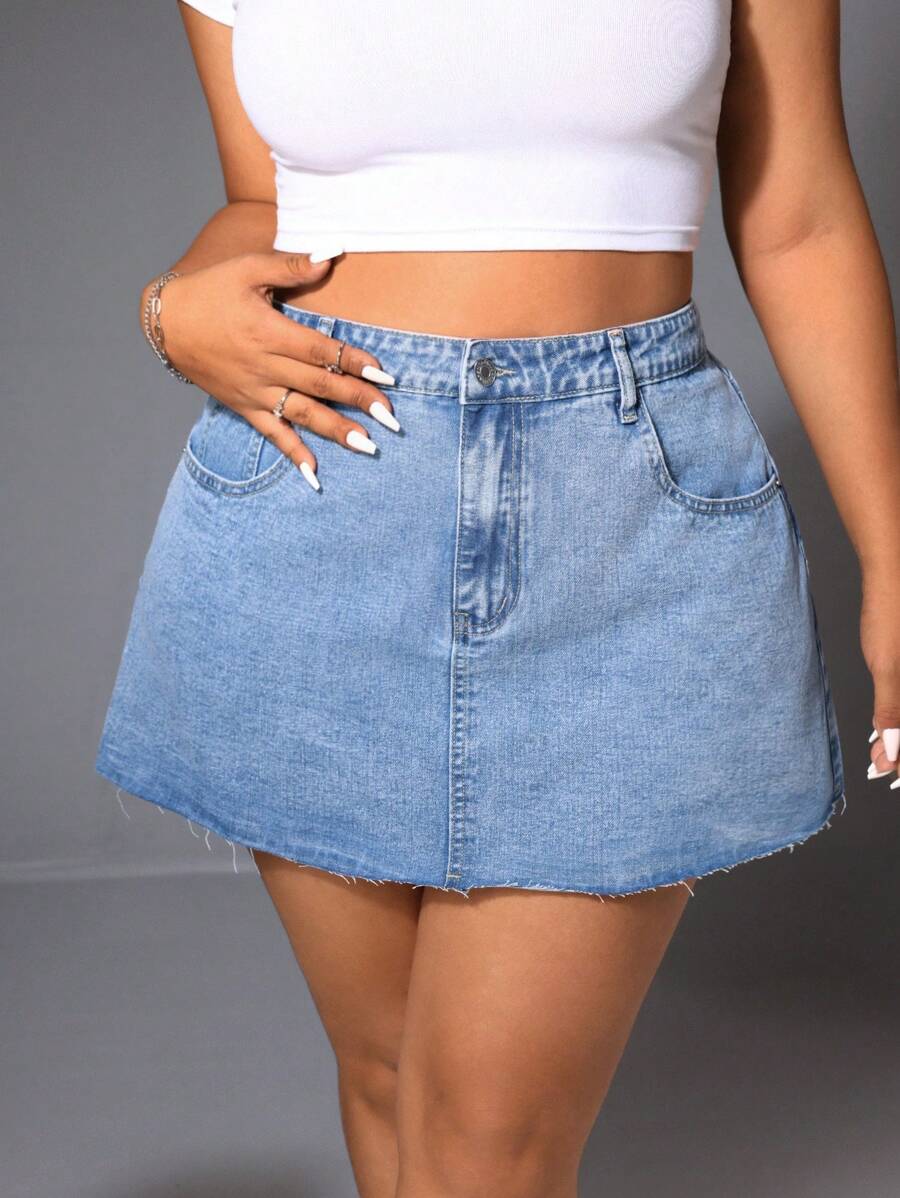 SHEIN ICON Plus Size Summer Casual Frayed Washed Denim Skirt - Medium Wash - View 1