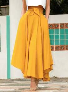 New Elegant Daily Commute Women's Wide Belt Decor Skirt - Yellow - View 2