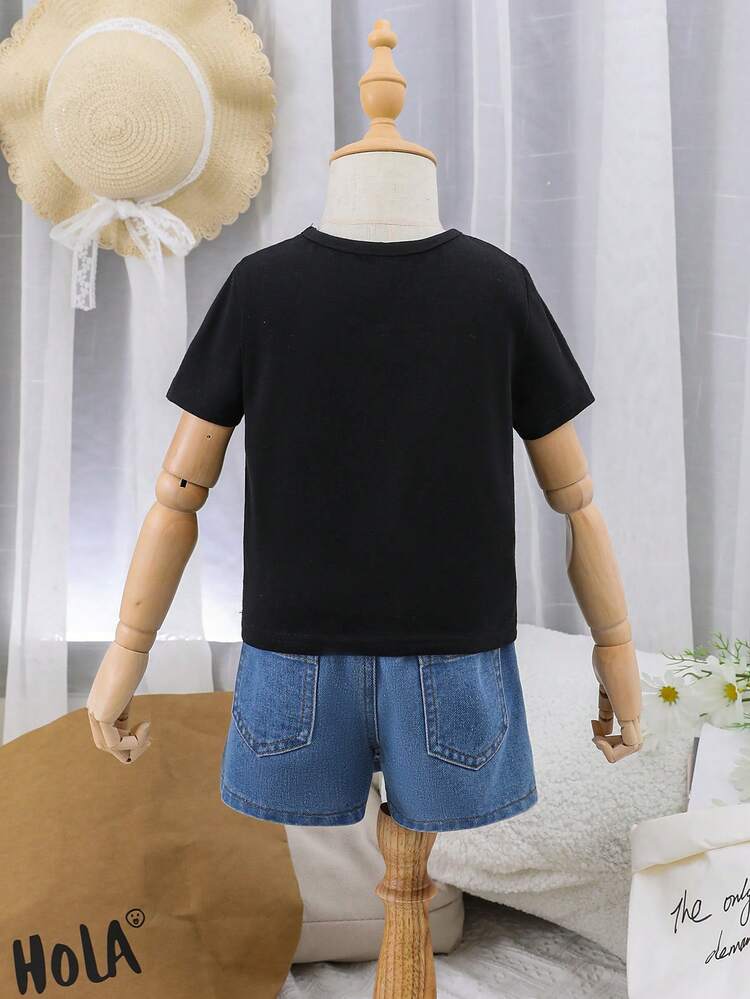 Baby Girl Simple And Versatile Knit Top With Comfortable Denim Skort, Washed And Softened