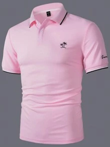 Manfinity Homme 男士簡約純色短袖Polo衫，拼色出行休閒Polo衫，適用於丈夫 - 粉色 - 查看 6