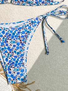 Swim Mod Conjunto de bikini de mujer con estampado floral cuello de halter sexy, estampado aleatorio, perfecto para vacaciones de verano - Multicolor - Ver 4