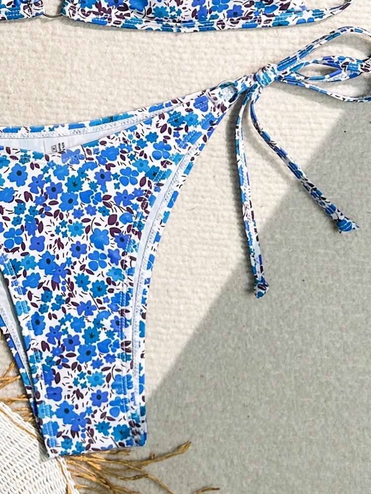 Women Floral Print Halter Neck Sexy Bikini Set, Random Print, Perfect For Holiday Summer