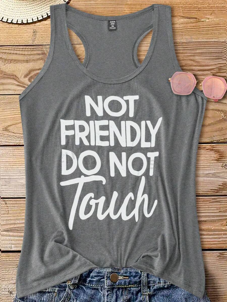 Calvaya Camiseta de tirantes de verano casual de talla grande con eslogan impreso, Camiseta gráfica para mujer "NO AMIGABLE, NO TOCAR"